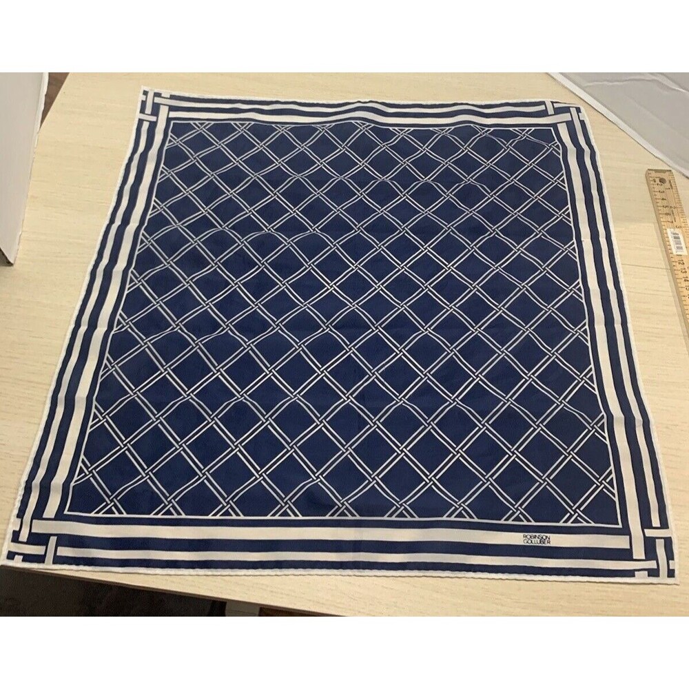 Robinson Golluber Square Scarf Blue Off White Satin Kerchief Hand Rolled 20”